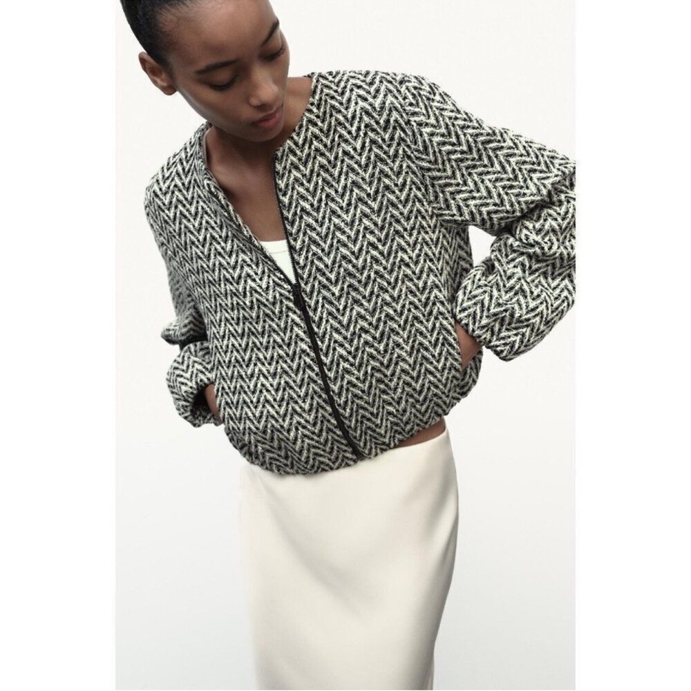 NWT Zara Textured Black & White Bomber Jacket - Size XS